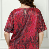 Short Puff Sleeve Scoop Neck Keyhole Back Blouse in Burgundy - Plus