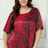 Short Puff Sleeve Scoop Neck Keyhole Back Blouse in Burgundy - Plus