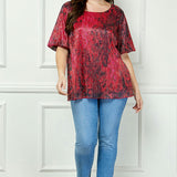 Short Puff Sleeve Scoop Neck Keyhole Back Blouse in Burgundy - Plus