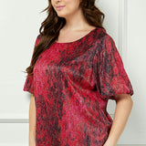 Short Puff Sleeve Scoop Neck Keyhole Back Blouse in Burgundy - Plus