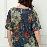 Short Puff Sleeve Scoop Neck Keyhole Back Blouse in Teal - Plus