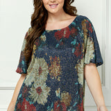 Short Puff Sleeve Scoop Neck Keyhole Back Blouse in Teal - Plus