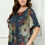 Short Puff Sleeve Scoop Neck Keyhole Back Blouse in Teal - Plus