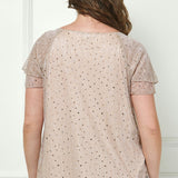 Short Double Flutter Sleeve Pleat Scoop Neck Lined Blouse in Beige - Plus