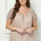 Short Double Flutter Sleeve Pleat Scoop Neck Lined Blouse in Beige - Plus