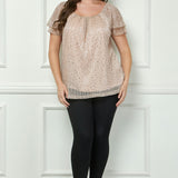 Short Double Flutter Sleeve Pleat Scoop Neck Lined Blouse in Beige - Plus