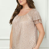 Short Double Flutter Sleeve Pleat Scoop Neck Lined Blouse in Beige - Plus