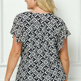 Short Flutter Sleeve Cutout Removable Trim Front Neck Mix Media Blouse In Ivory/Black/Ivory - Plus