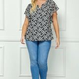 Short Flutter Sleeve Cutout Removable Trim Front Neck Mix Media Blouse In Ivory/Black/Ivory - Plus