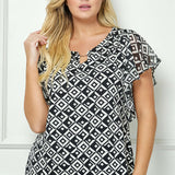 Short Flutter Sleeve Cutout Removable Trim Front Neck Mix Media Blouse In Ivory/Black/Ivory - Plus