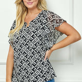Short Flutter Sleeve Cutout Removable Trim Front Neck Mix Media Blouse In Ivory/Black/Ivory - Plus
