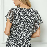 Short Flutter Sleeve Cutout Removable Trim Front Neck Mix Media Blouse In Ivory/Black/Ivory