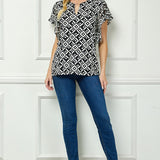 Short Flutter Sleeve Cutout Removable Trim Front Neck Mix Media Blouse In Ivory/Black/Ivory