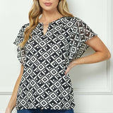 Short Flutter Sleeve Cutout Removable Trim Front Neck Mix Media Blouse In Ivory/Black/Ivory