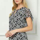 Short Flutter Sleeve Cutout Removable Trim Front Neck Mix Media Blouse In Ivory/Black/Ivory