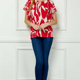 Flutter Sleeve Cutout Neck Blouse with Removable Trim in Red