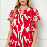 Flutter Sleeve Cutout Neck Blouse with Removable Trim in Red