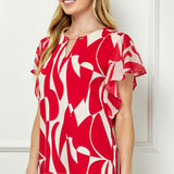 Flutter Sleeve Cutout Neck Blouse with Removable Trim in Red