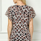 Short Flutter Sleeve Cutout Removable Trim Front Neck Mix Media Blouse In Tan/Brown/Black