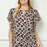 Short Flutter Sleeve Cutout Removable Trim Front Neck Mix Media Blouse In Tan/Brown/Black