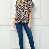 Short Flutter Sleeve Cutout Removable Trim Front Neck Mix Media Blouse In Tan/Brown/Black