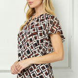Short Flutter Sleeve Cutout Removable Trim Front Neck Mix Media Blouse In Tan/Brown/Black
