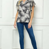 Short Flutter Sleeve Cutout Removable Trim Front Neck Mix Media Blouse In Black/Cream