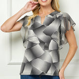 Short Flutter Sleeve Cutout Removable Trim Front Neck Mix Media Blouse In Black/Cream