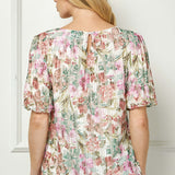 Short Puff Sleeve Pleat Scoop Neck Lined Bubble Blouse in Ivory/Olive/Rust