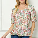 Short Puff Sleeve Pleat Scoop Neck Lined Bubble Blouse in Ivory/Olive/Rust