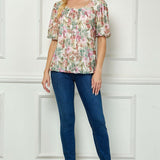 Short Puff Sleeve Pleat Scoop Neck Lined Bubble Blouse in Ivory/Olive/Rust