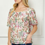 Short Puff Sleeve Pleat Scoop Neck Lined Bubble Blouse in Ivory/Olive/Rust
