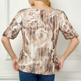 Puff Sleeve Pleat Neck Bubble Blouse in Tan/Brown/Ivory