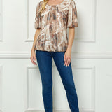 Puff Sleeve Pleat Neck Bubble Blouse in Tan/Brown/Ivory