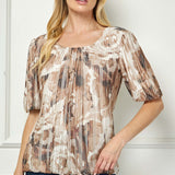 Puff Sleeve Pleat Neck Bubble Blouse in Tan/Brown/Ivory