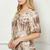 Puff Sleeve Pleat Neck Bubble Blouse in Tan/Brown/Ivory