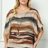 Scoop Neck Poncho with Necklace in Brown/Tan/Black