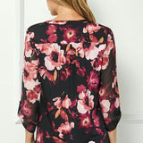 3/4 Button Tab Sleeve Pintuck Mandarin Collar Popover Blouse in Black