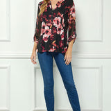 3/4 Button Tab Sleeve Pintuck Mandarin Collar Popover Blouse in Black