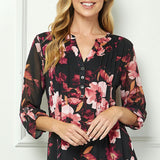 3/4 Button Tab Sleeve Pintuck Mandarin Collar Popover Blouse in Black