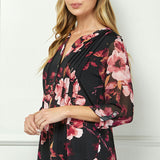 3/4 Button Tab Sleeve Pintuck Mandarin Collar Popover Blouse in Black