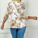 3/4 Button Tab Sleeve Pintuck Mandarin Collar Popover Blouse in Ivory - Plus