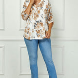 3/4 Button Tab Sleeve Pintuck Mandarin Collar Popover Blouse in Ivory - Plus