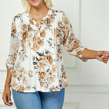 3/4 Button Tab Sleeve Pintuck Mandarin Collar Popover Blouse in Ivory - Plus