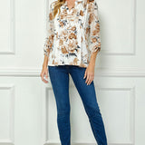 3/4 Button Tab Sleeve Pintuck Mandarin Collar Popover Blouse in Ivory