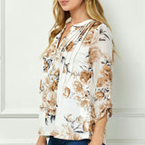 3/4 Button Tab Sleeve Pintuck Mandarin Collar Popover Blouse in Ivory