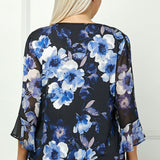 3/4 Ruffle Sleeve Pintuck V-Neck Popover Blouse in Blue - Plus