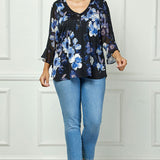3/4 Ruffle Sleeve Pintuck V-Neck Popover Blouse in Blue - Plus