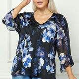 3/4 Ruffle Sleeve Pintuck V-Neck Popover Blouse in Blue - Plus