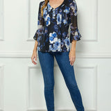 3/4 Ruffle Sleeve Pintuck V-Neck Popover Blouse in Blue